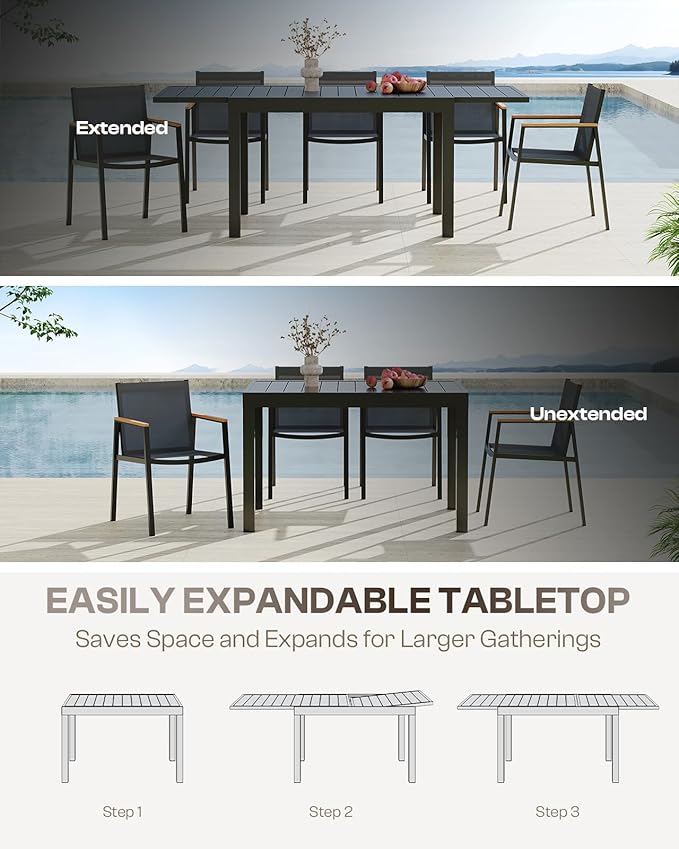 Expandable Outdoor Patio Dining Table Set for 6-8 Person, Aluminum Outdoor Table and 4 Chairs with Textilene Fabric & HDPS Armrest, All-Weather Patio Furniture Set for Yard, Garden, Gray