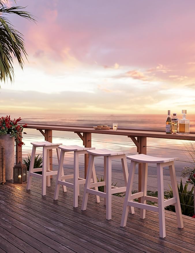 Weatherproof Bar Stools Set of 2, 28" Height Outdoor Bar Stools Holds up to 400 lbs, Saddle Seat, Bar Height Stools for Patio, Garden, and Kitchen Island, White