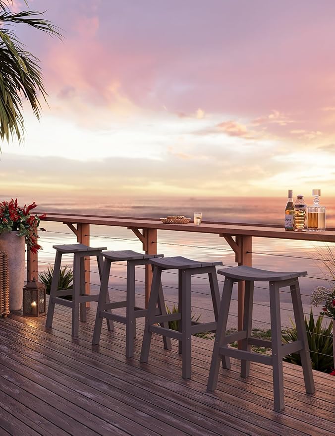 Weatherproof Bar Stools Set of 4, 28" Height Outdoor Bar Stools Holds up to 400 lbs, Saddle Seat, Bar Height Stools for Patio, Garden, and Kitchen Island, Gray