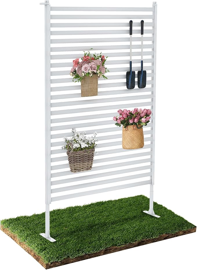 Outdoor Privacy Screen Fence with Feet Stand 3FT x 5FT, Freestanding Fence Privacy Screen for Outside, Metal Pipes and Slats Panels Divider Stake for Garden Patio Balcony Backyard White