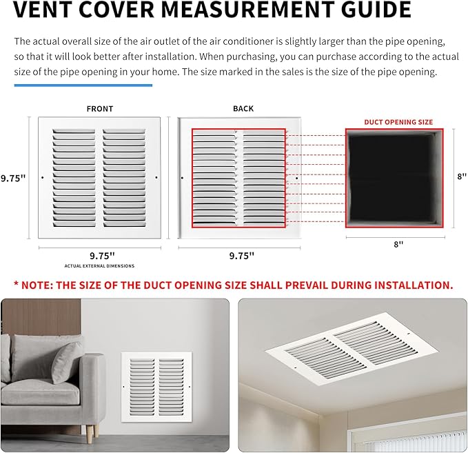 8x8 Vent Cover(Duct Opening Size),Air Return Vent Cover,Flat Vent Cover,Rejillas De Aire Acondicionado para Casa,Return Air Grilles,Outer Dimensions:9.75"Wx9.75"H(8"W x 8"H, Duct Opening)