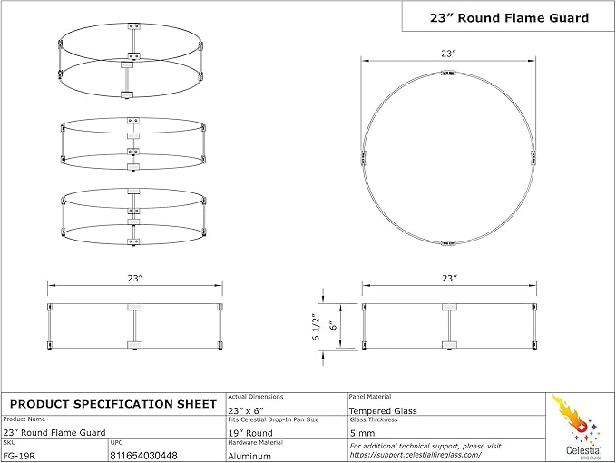 Celestial 23" x 6" Round Wind Guard, fits Celestial 19” Round Fire Pit Burner Pans for Gas Fire Pits