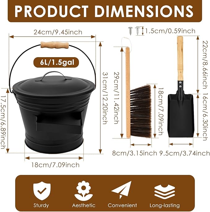 1.5 Gallon Ash Bucket with Lid and Shovel Broom Metal, Fireplace Ash Bucket, Complete Fireplace Tools Set for Fire Pit Grill Black(3 Pcs Set)