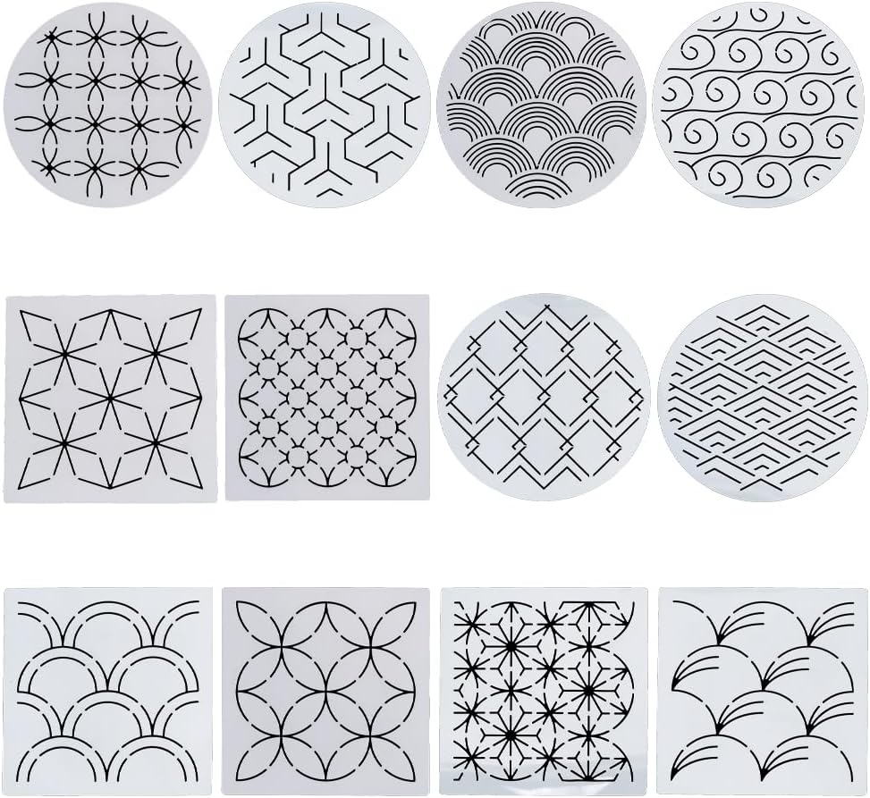 FREEBLOSS Sashiko Stencils - Geometric Embroidery Patterns for Drawing and Hand Quilting - 14x14cm