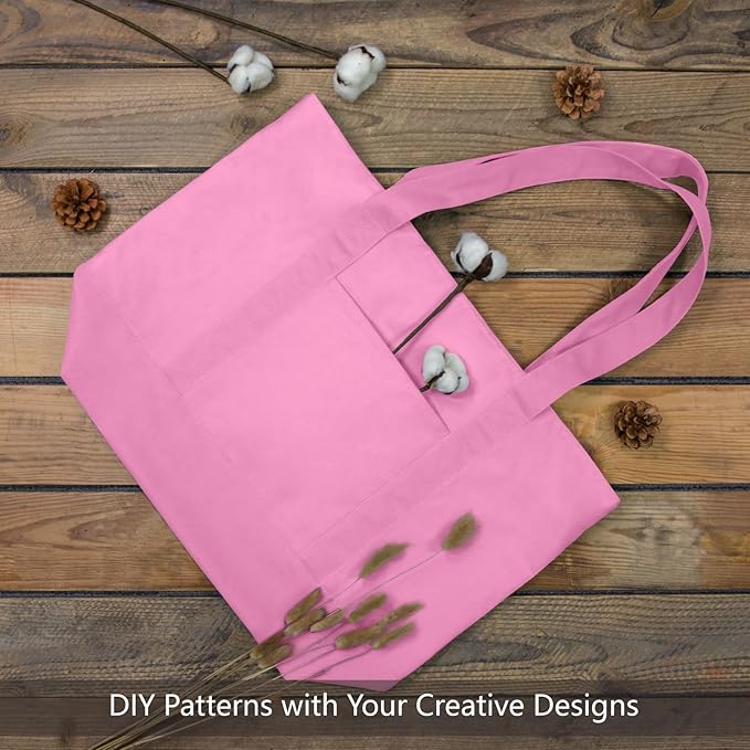 TOPDesign 6-Pack Canvas Tote Bags with an External Pocket, Reusable Grocery Shopping Bags, Top Zipper Closure, Daily Essentials (Pink)