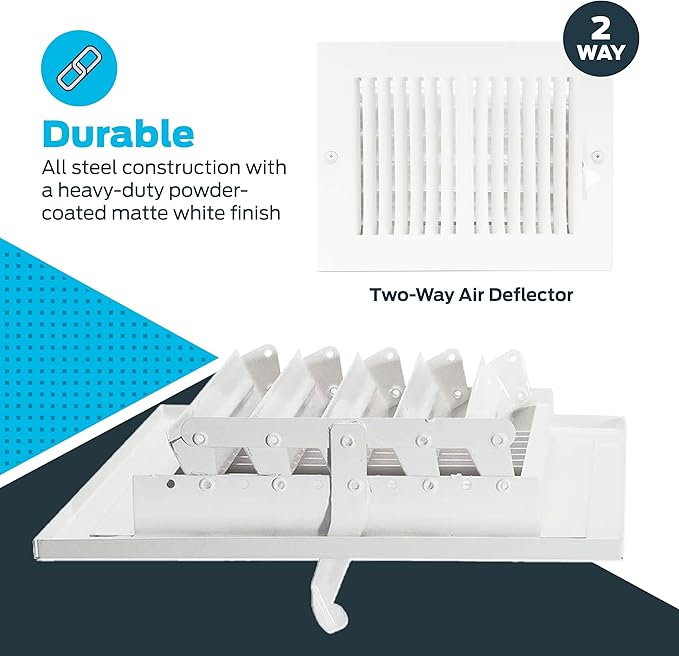 EZ-FLO 8 x 6 Inch (Duct Opening) Air Vent Cover for Wall or Ceiling, Two-Way Ventilation Register, Solid Steel HVAC Register Cover, White, 61661