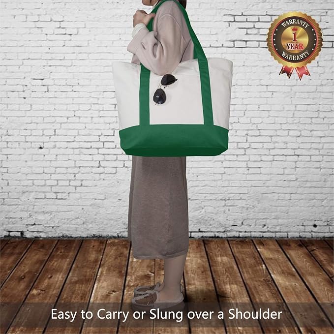 TOPDesign 6-Pack Canvas Tote Bags with an External Pocket, Reusable Grocery Shopping Bags, Top Zipper Closure, Daily Essentials (Green/Natural)