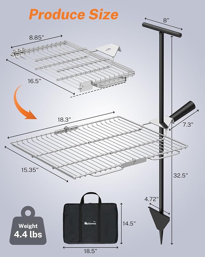 Gonex Portable Campfire Grill Grate for Fire Pit Foldable Stainless Steel Grill Height Adjustable Camping Cooking Equipment for RV Outdoor Backyard BBQ Courtyard 15.35"x18.3"