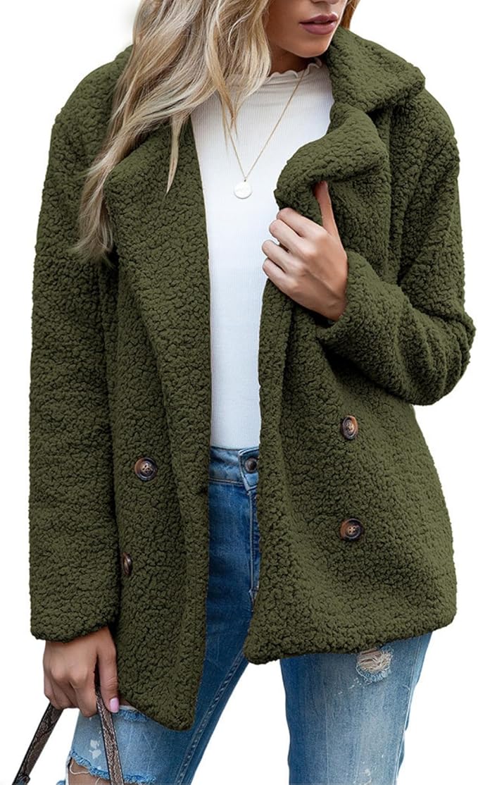Women's Winter Warm Plush Cardigan Fuzzy Fleece Lapel Jacket with Buttons Pockets Long Sleeve Casual Outerwear