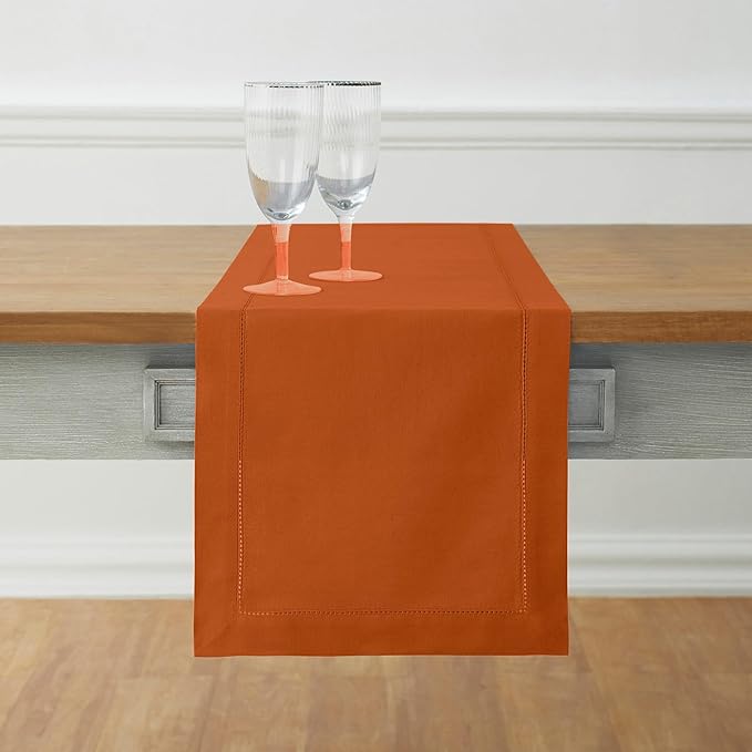 Solino Home Cotton Linen Cinnamon Table Runner 120 Inches Long - Hemstitch 14 x 120 Inch Table Runner - Handcrafted and Machine Washable