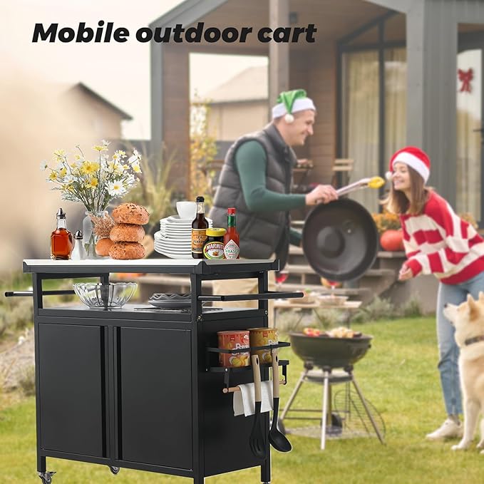 Outdoor Grill Cart Bar Cart with Storage Cabinet for Grilling Accessories, XL Portable Outdoor Grill Table with Stainless Steel Top for Kitchen Prep, Lawn & Garden（Black）