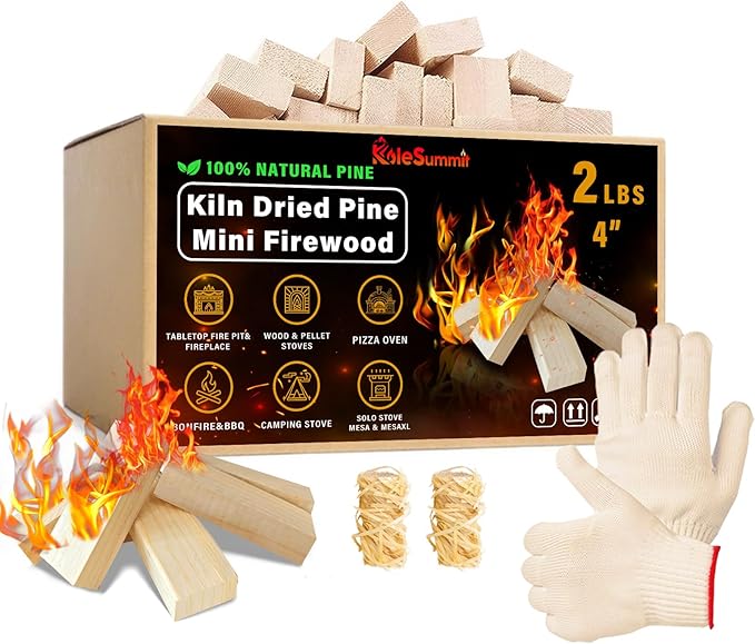 Mini Fire Stick with Fire Starters Gloves 4" Kiln Dried Pine Fire Pit Accessories Firewood Compatible with Wood Stoves, Tabletop Fire Pits, BBQ Grills & Pizza Ovens, 2 lb Box