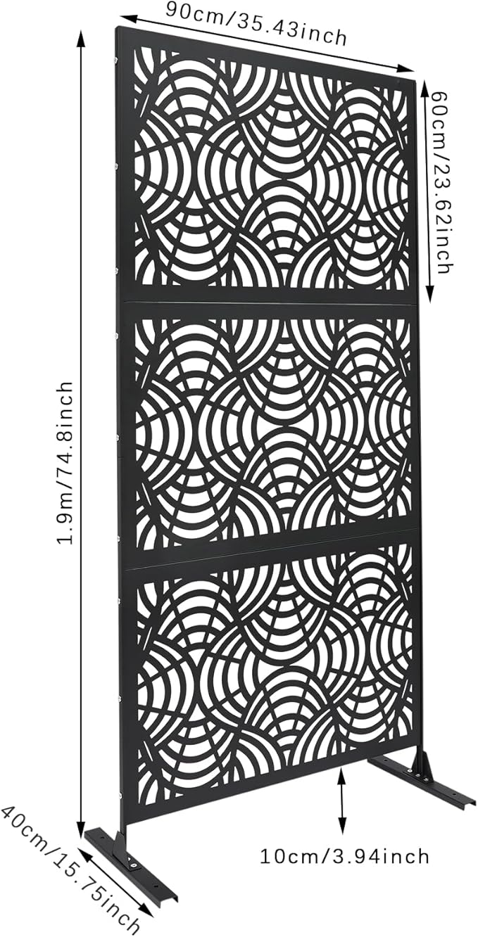 75" H×35" W Decorative Outdoor Privacy Screen with Stand, Outdoor Decor Privacy Fence Screen Metal Fence Panels, Free Standing Metal Divider for Patio Lawn Deck (Black -Curved Pattern)