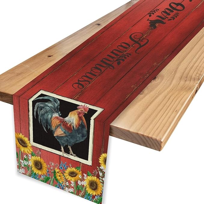 Rooster Table Runner, Farmhouse Vintage Chicken Wooden Sunflower Floral Cow Pig Red Coffee Table Center Decor for Family Kitchen and Dining Room Outdoor Country Party Table Decorations, 13"x90"