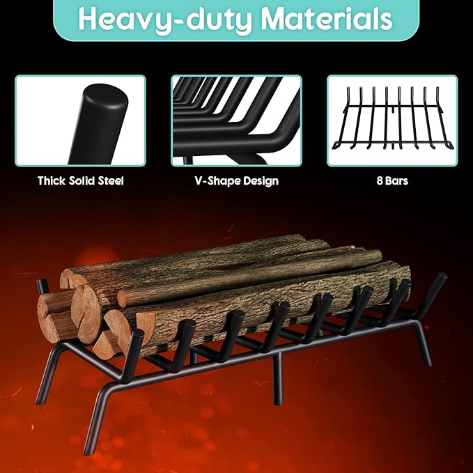 30-Inch Fireplace Grate, Heavy Duty 8-Bar Log Rack Holder Made of Solid Round Steel for Indoor/Outdoor Fire Pits, Wood Stoves & Kindling Tools