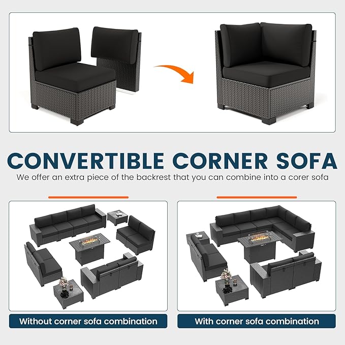 13 Piece Patio Furniture Set with Fire Pit Table, Outdoor Sectional Conversation Sets Black Wicker Rattan Sectional Sofa for Patio Garden Backyard, 4'' Thickened Cushion