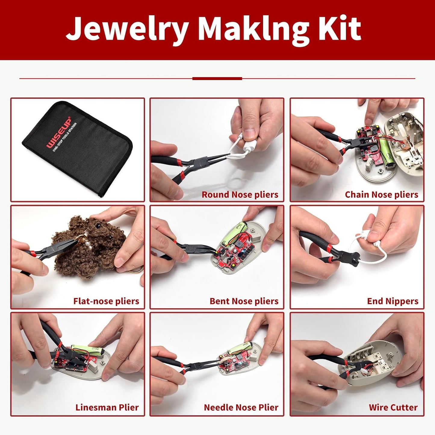 WISEUP 8-Piece Mini Pliers Set，Needle, Round, Flat, Long, Bent Nose, Diagonal, End Cutting & Linesman Pliers for Crafting, Electronics & Jewelry Making，with Pouch