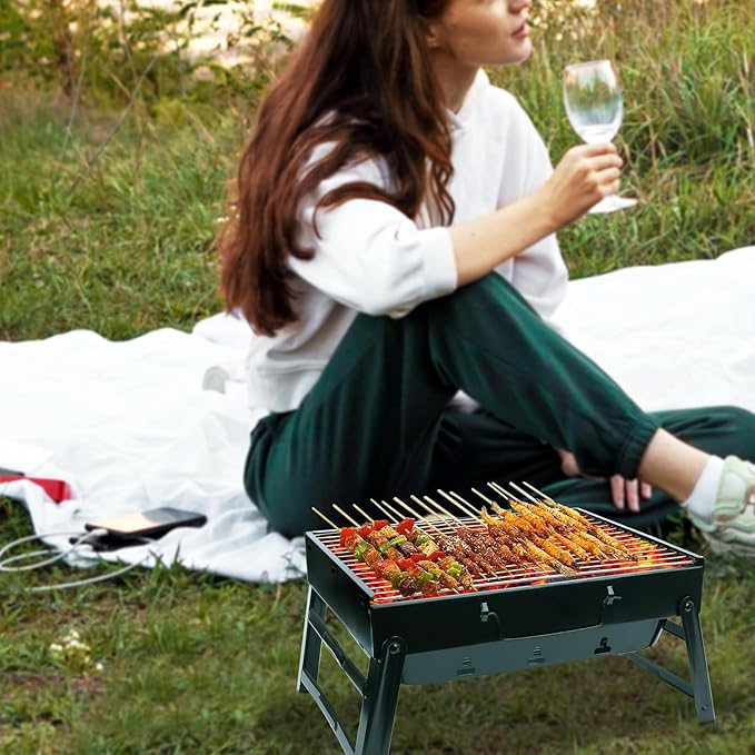 Portable Charcoal Grill for Camping Tailgating Beach Boating Foldable Small Barbeque Grill for Outdoors Lightweight Tabletop BBQ Grill Set with Tongs Gloves Scrubber