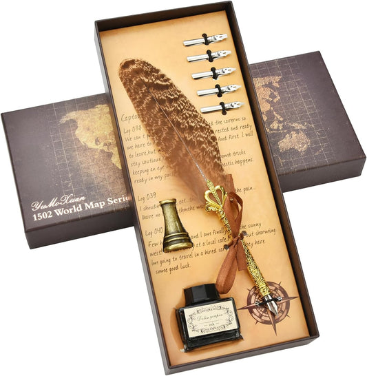 Hethrone Quill Pen Ink Set - Calligraphy Pen Ink Set Includes Feather Pen with Ink, Pen Holder and 5 Replacement Nibs Holiday Ideal Gifts (Brown)