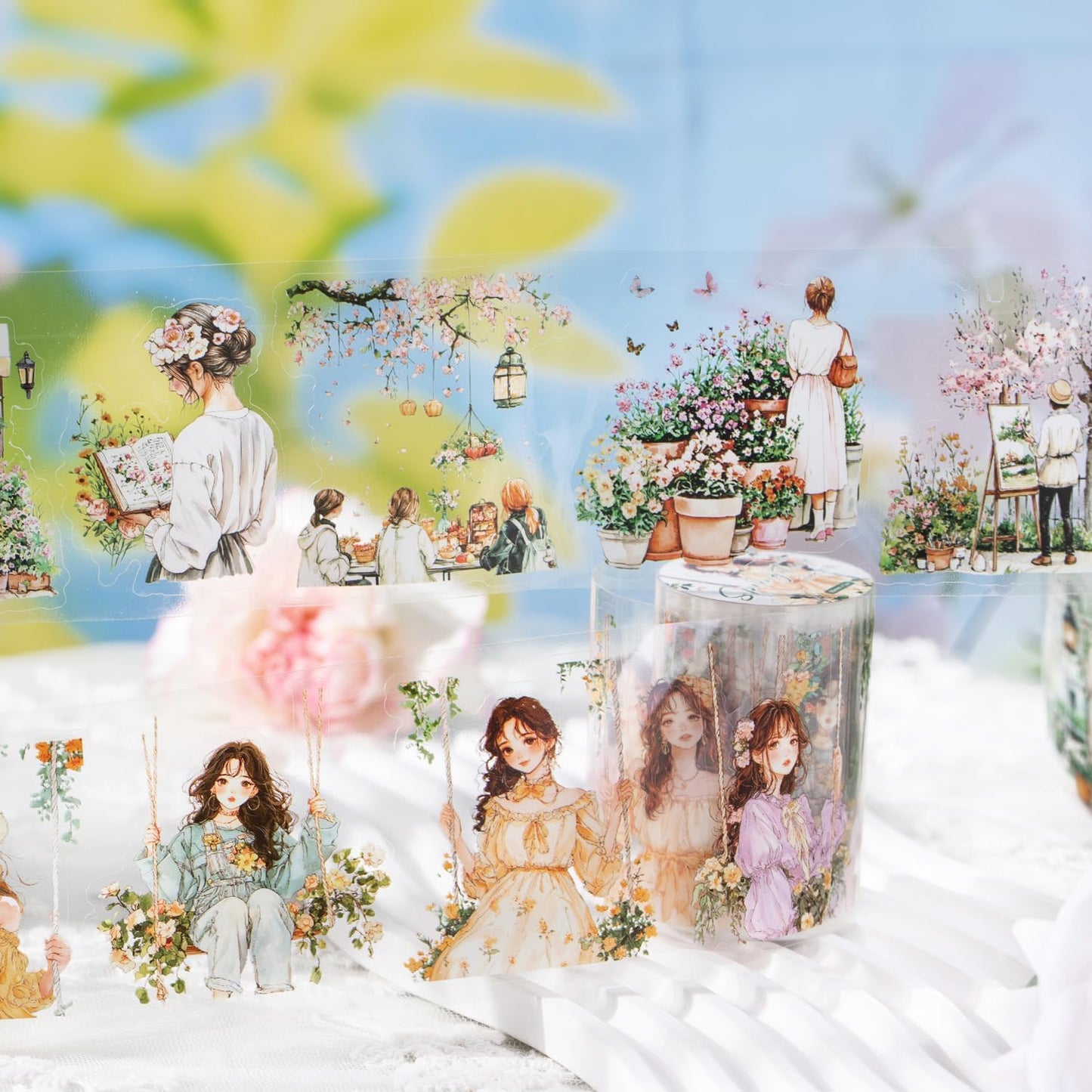 PET Tape Stickers for Junk Journal,6 Rolls Garden Stickers for Journaling Supplies,Pre-Cut Washi PET Tapes for Scrapbook Supplies, DIY Craft,Planner (Spring)