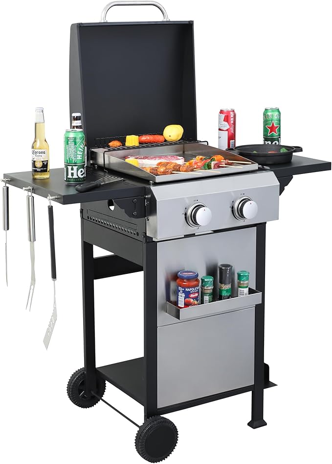 2-Burner Gas Grill, 24600 BTU Portable BBQ with Foldable Side Table & 6" Wheels, Dual-Function Cooking with Baking Rack & Flat Griddle for Outdoor, Patio, Camping & Tailgating