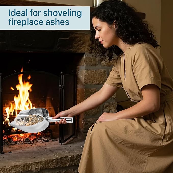2 Pcs 14.17 in Stainless Steel Fireplace Shovel, 35-Ounce Heat Resistant Silver BBQ Grill Ash Shovels, Heavy Duty Ash Shovel for Fireplace, Garden, Barbecue Coal
