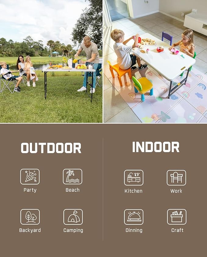 FanttikOutdoor 4ft Portable Folding Table, One-Handed Height Adjustment, 4 Heights, Gravity Lock, Carry Handle, Indoor Outdoor Heavy Duty Fold-in-Half Utility Table, Party, 1 Pack, White Zeta X4 Pro