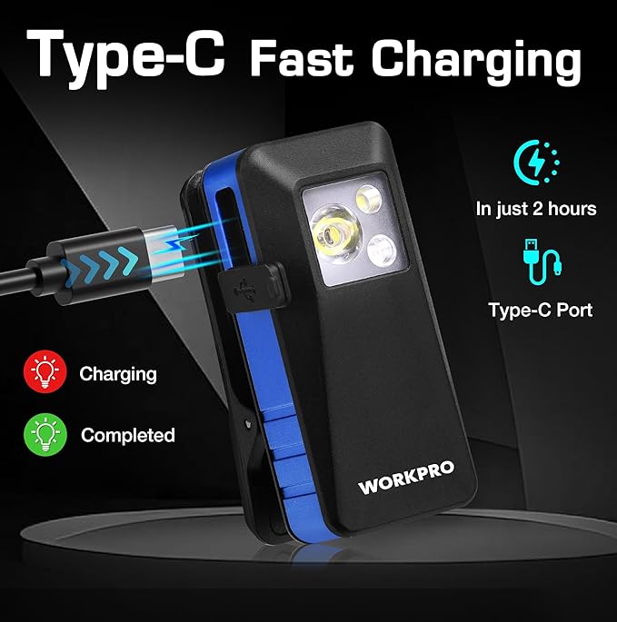 WORKPRO EDC Flashlight Clip-on Light, 500 Lumens Rechargeable Flashlight with Type-C, Magnetic Pocket Light for Working, Cycling, Signaling, Running, Camping, Blue
