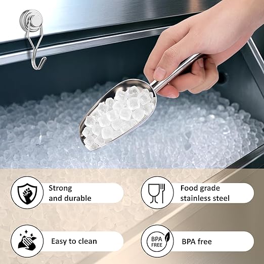Juome 3oz Stainless Steel Ice Scoop for Freezer with Magnetic Holder, Metal Ice Scoop for Ice Machine, Small Ice Cube Scooper for Freezer Bin for Ge Profile Opal 2.0 Nugget Ice Maker