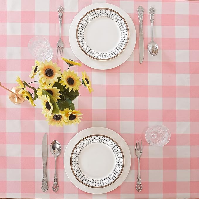 Cupuamon 2 Pack Waterproof Polyester Fabic Rectangle Checkered Tablecloth，60x120 Outdoor Table Cloth，Oil Stain Prevention Table Cloth for Pinics and Parties（Pink and White）