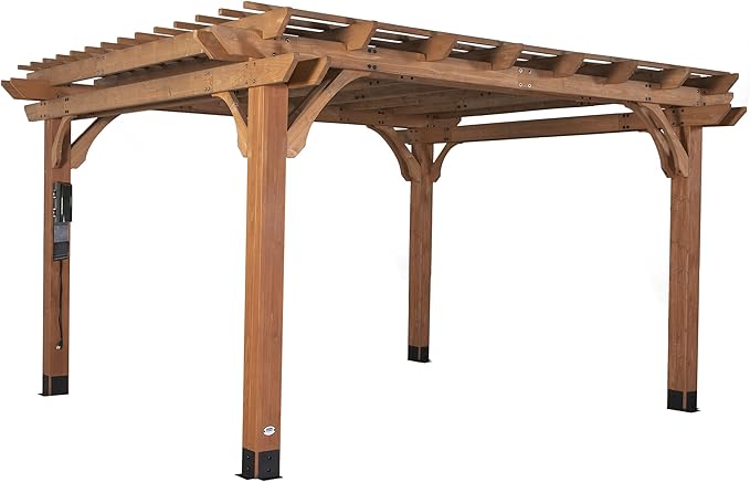 Backyard Discovery Beaumont 14' x 12' Traditional Cedar Wood Pergola Kit with Trellis Roof, All-Season Durability, High-Wind Rating, PowerPort, Shade for Outdoor Patio, Deck, Garden, and Entertaining