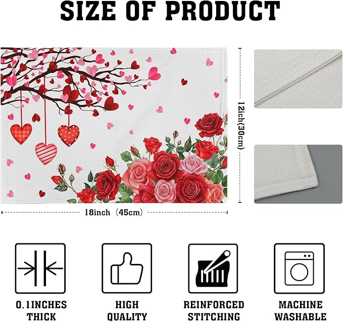 Giwawa Valentine's Day Placemats, Romantic Love Hearts Tree Branches Rose Floral Table Mat, Heat Stain Resistant Linen Place Mats for Kitchen Dining Wedding Anniversary Decor, 12"x18", Set of 4