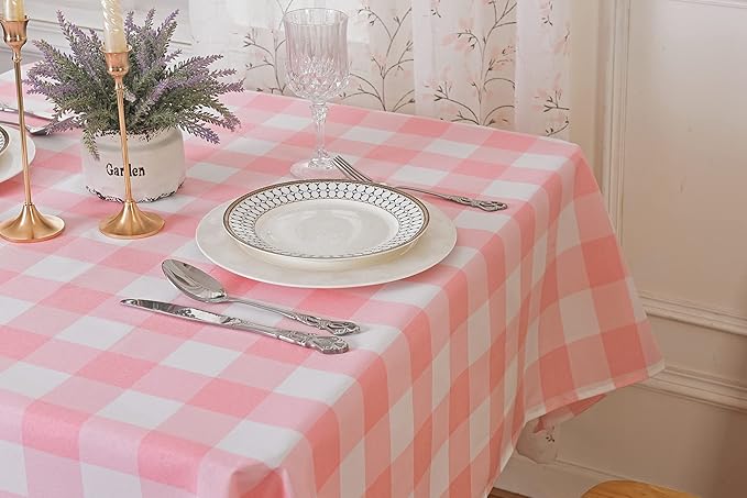 Cupuamon 2 Pack Waterproof Polyester Fabic Rectangle Checkered Tablecloth，60x102 Outdoor Table Cloth，Oil Stain Prevention Table Cloth for Pinics and Parties（Pink and White）