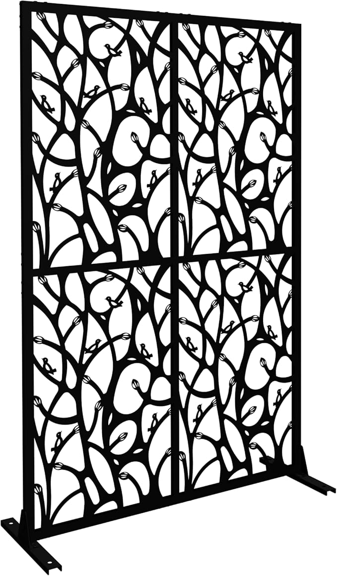 Metal Privacy Screen Room Divider 72" H x 45.3" W, Free Standing Decorative Panel with Bird Design for Indoor Outdoor Use, Black Iron Partition for Patio Balcony Garden (Bird Black)