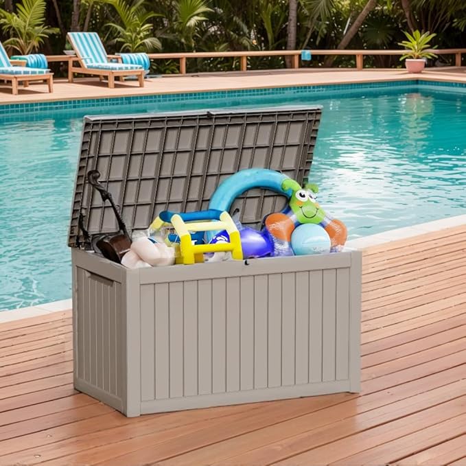 Waterproof Outdoor Resin Deck Box with Lockable Lid, Easy Assembly Features and Convenient Handles For Cushion, Pillows and other Patio Furniture (180 Gallon Grey)