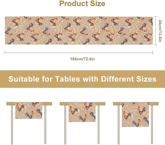 Cute Roosters Table Runner, Boho Rustic Cock Chicken Vintage Arch Floral Plants Print Table Cover for Holiday Kitchen Dining Table Indoor Outdoor Home Party Decor, 13x90inch