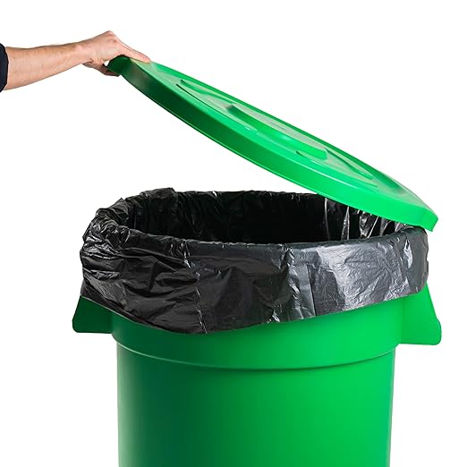 PRO&Family Commercial Round Trash Can with Lid and Dolly Rolling Waste Container, Ingredient Bin, Heavy-Duty Plastic, Anti-Static, Kitchen, Office, Outdoor Use (Green, 55 Gallon)
