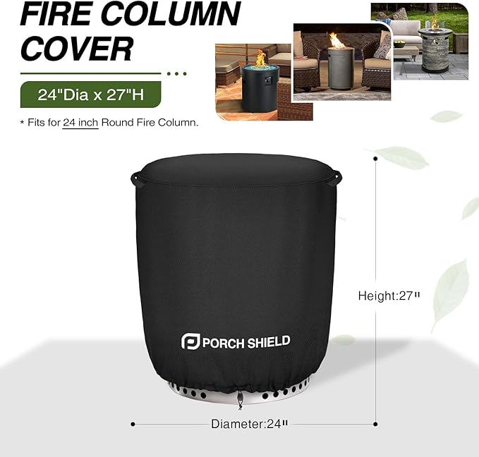 Porch Shield Fade Resistant Round Patio Fire Column Cover 24 inch Waterproof Outdoor Tall Fire Pit Cover for Ninja Fireside 360 Outdoor Heater