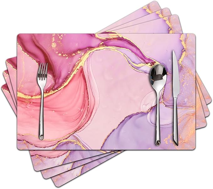 Marble Pink Placemats Set of 4 - Faux Leather Heat Resistant Placemats for Dinner Table, Non-Slip Waterproof Oil-Proof Washable Reusable Placemat for Indoor Outdoor Kitchen Decor, 15.75In*11.81In