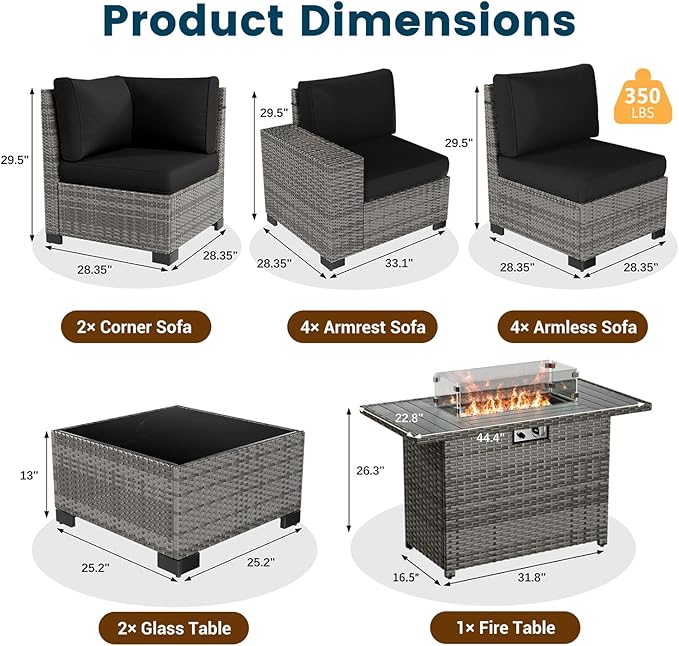13 Piece Patio Furniture Set with Fire Pit Table, Outdoor Sectional Conversation Sets Grey Wicker Rattan Sectional Sofa for Patio Garden Backyard, 4'' Thickened Cushion Black