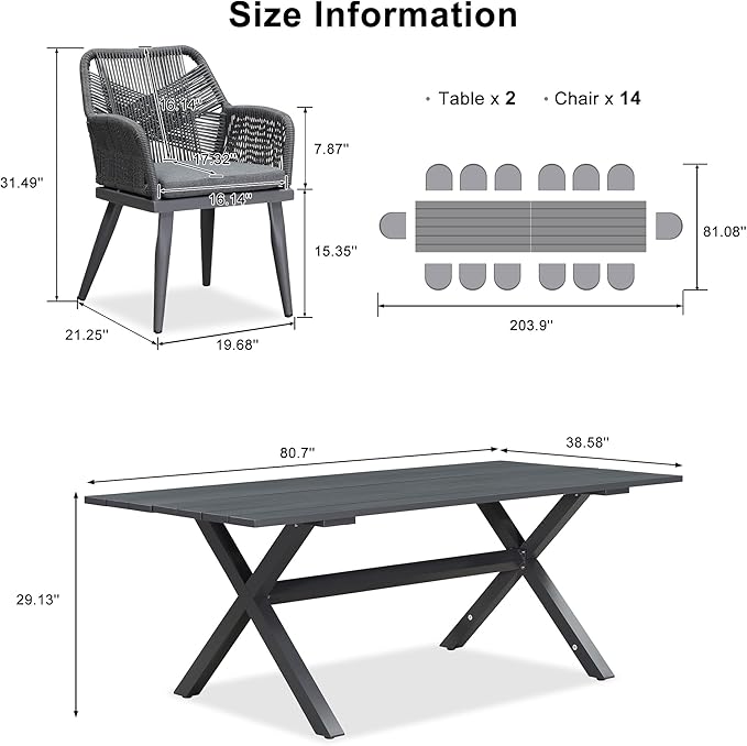 PURPLE LEAF 16 Pieces Outdoor Patio Dining Set All-Weather PE Rattan Furniture Set with All Aluminum Frame Outdoor Table and Chairs Set for 14 People Lawn Garden Backyard Deck, Grey