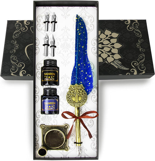 Feather Pen and Ink Set,quill pen ink set,Antique Calligraphy Pen with 4 Replaceable Nibs,2 Bottle of ink,Pen Holder Christmas Gift for Men&Women.(Blue)