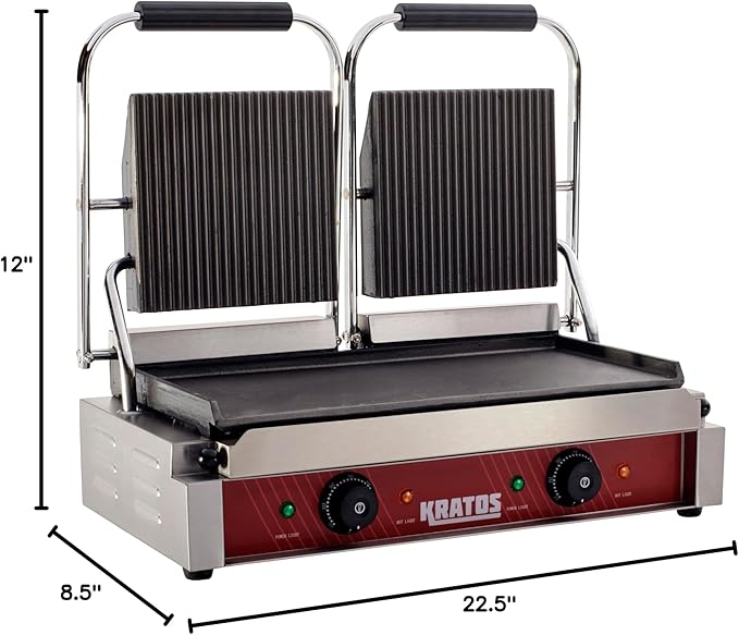 Kratos Commercial Electric Panini Sandwich Grill with Grooved Top and Smooth Bottom Plates, 18.7"x9" Cooking Surface, Commercial Countertop Panini Press, 120V, 3500W (29Y-025)