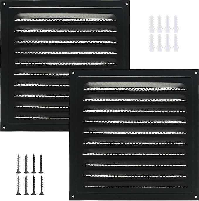 2pcs Attic Vent Soffit Vent Aluminum Wall Vent Metal Shed Vent Square Vent Louver Vent Grille with Built-in Insect Screen for Exterior Door House Attic Garage Ceiling (Black 6" x 6"-2 Pack)
