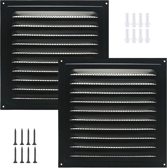 2pcs Attic Vent Soffit Vent Aluminum Wall Vent Metal Shed Vent Square Vent Louver Vent Grille with Built-in Insect Screen for Exterior Door House Attic Garage Ceiling (Black 6" x 6"-2 Pack)