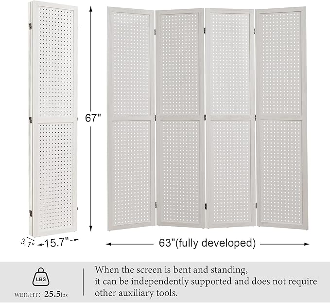 Room Divider Freestanding Folding Pegboard Privacy Screen 4-Panel Display Stand for Jewelry Craft Shows Retail Natural Wood Portable Space-Saving