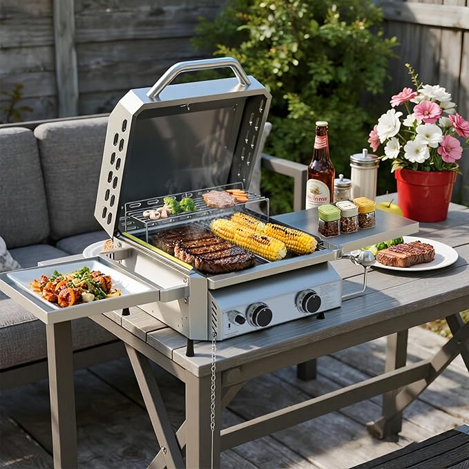 Tabletop Gas Grill, Stainless Steel Portable Propane Grill with Dual Storage Side Platforms – Compact & Powerful 16,000 BTU Dual-Burner BBQ Grill for Garden and Patio Backyard,Camping