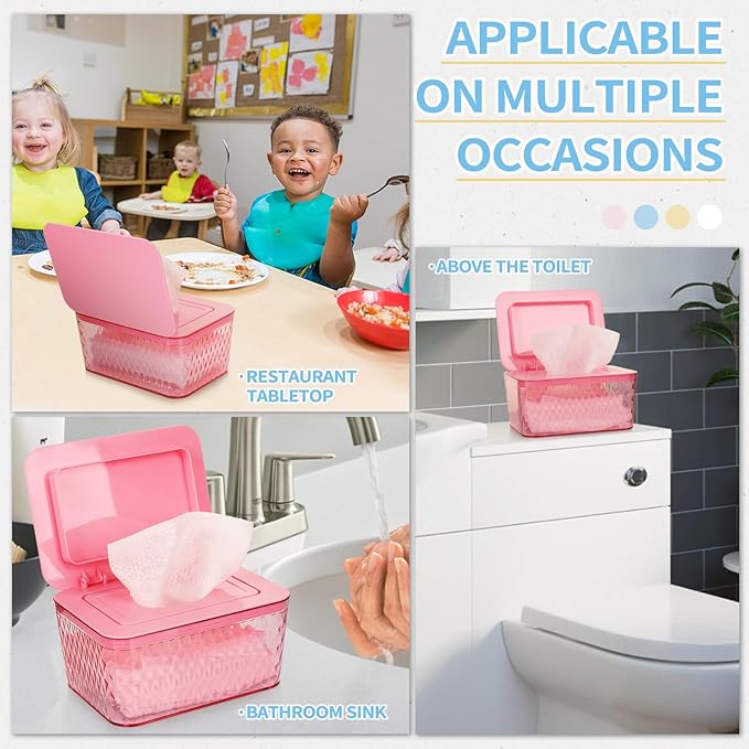 Wipes Dispenser, One-Handed Operation Wipe Holder for Baby & Adult, Seal-Designed Wipes Container for Bathroom Keep Diaper Wipes Fresh (2 Pack Pink)