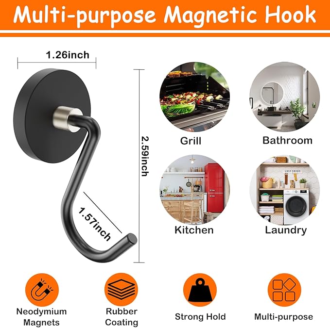 Magnetic Grill Hooks, Strong Magnetic Hook for Grill, Heavy Duty Magnet Hanger for Utensils, Powerful Magnet Hooks for BBQ Tools Refrigerator Toolbox Locker Kitchen Office, 4 Pack