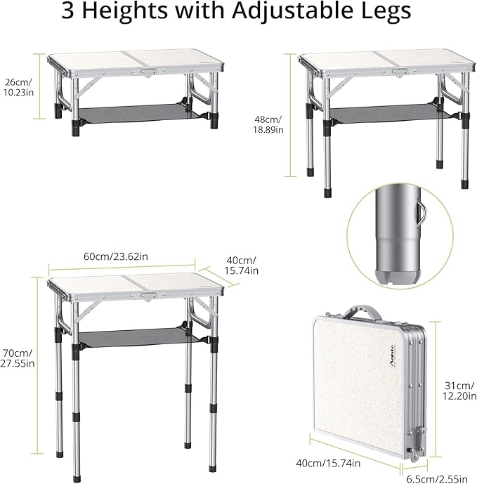 Anbte Folding Camping Table, Aluminum 24" x 16" Adjustable Height Small Folding Table with Carrying Handle, Lightweight, Portable Camping Table Waterproof for Outdoor Indoor Picnic Beach BBQ, Silver